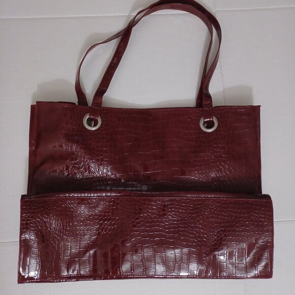 WOMEN'S BURGUNDY ALLIGATOR PRINT TOTE HANDBAG - Picture 8 of 15